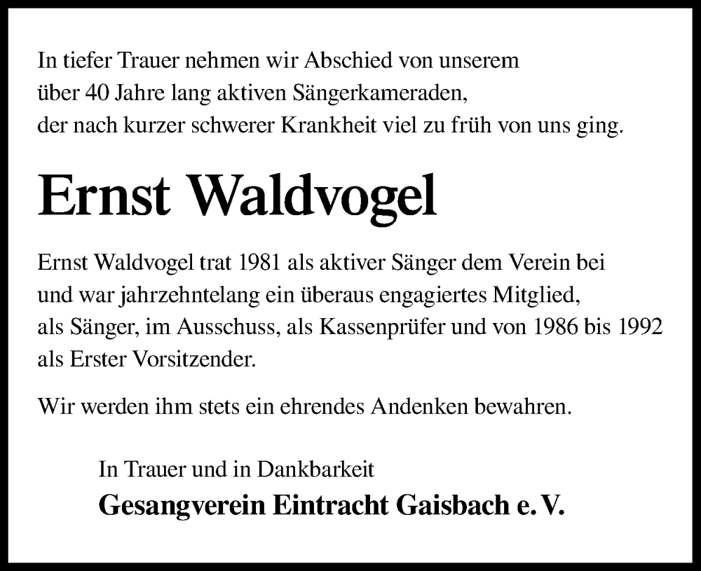  Traueranzeige für Ernst Waldvogel vom 26.07.2022 aus GESAMT