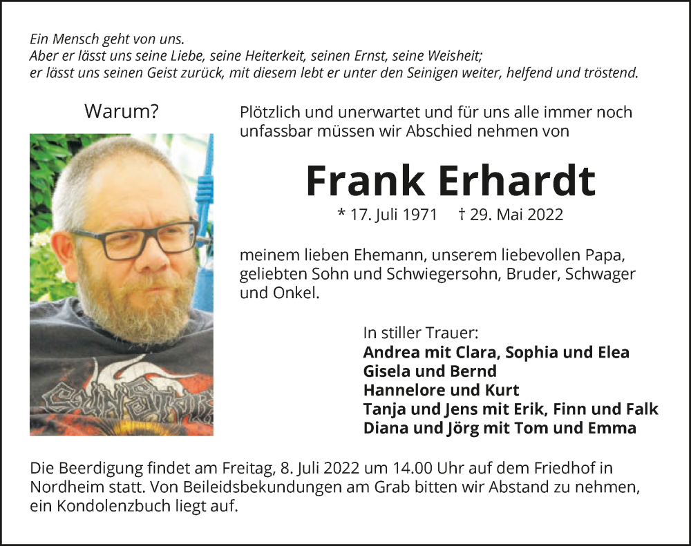  Traueranzeige für Frank Erhardt vom 05.07.2022 aus GESAMT