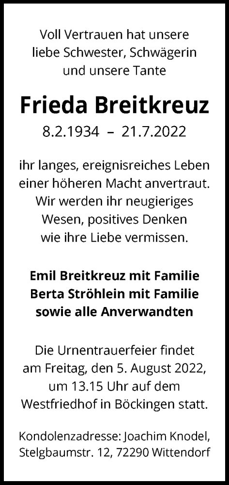 Traueranzeige von Frieda Breitkreuz von GESAMT