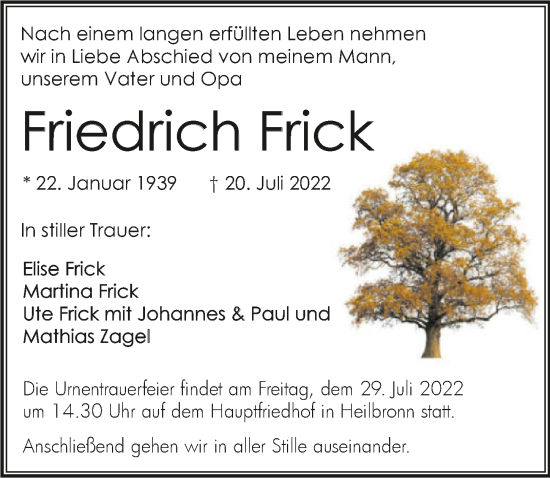 Traueranzeige von Friedrich Frick von GESAMT