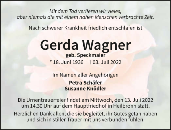 Traueranzeige von Gerda Wagner von GESAMT