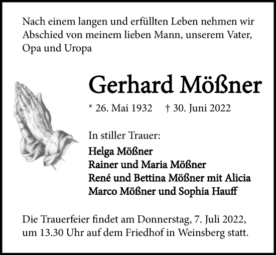 Traueranzeige von Gerhard Mößner von GESAMT