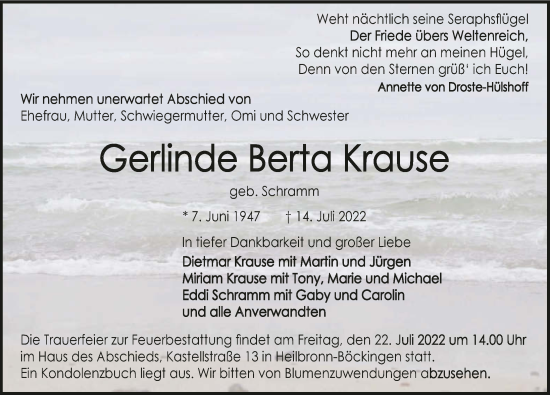 Traueranzeige von Gerlinde Berta Krause von GESAMT