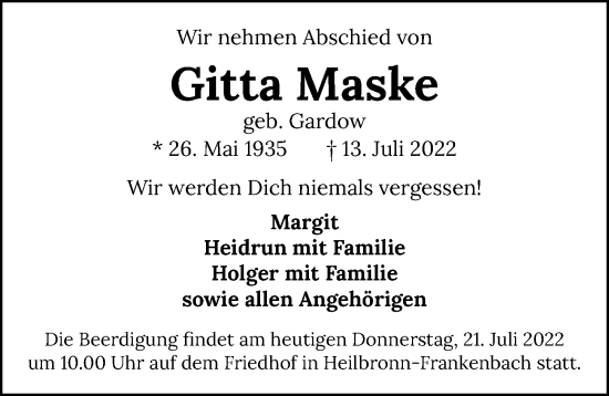 Traueranzeige von Gitta Maske von GESAMT