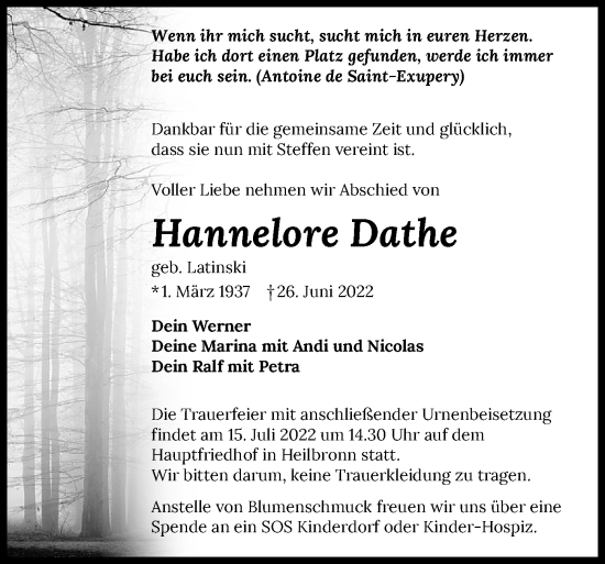 Traueranzeige von Hannelore Dathe von GESAMT