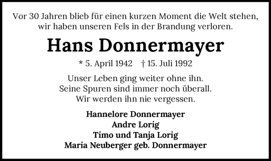 Traueranzeige von Hans Donnermayer von GESAMT