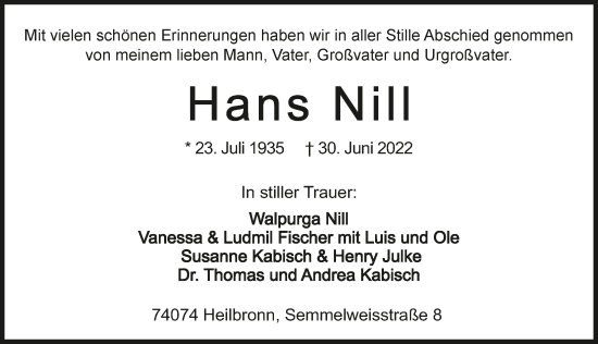 Traueranzeige von Hans Nill von GESAMT