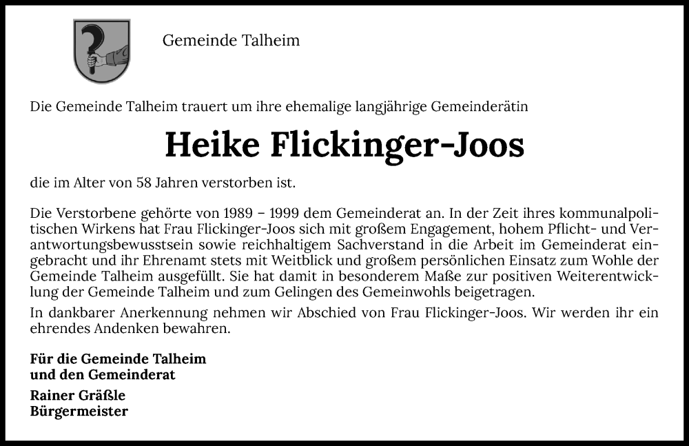  Traueranzeige für Heike Flickinger-Joos vom 30.07.2022 aus GESAMT