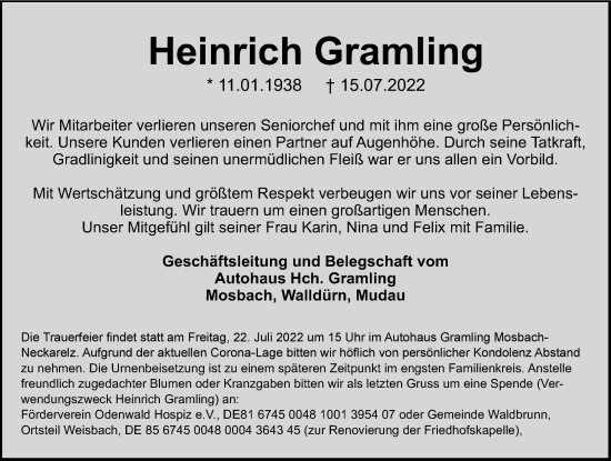 Traueranzeige von Heinrich Gramling von GESAMT