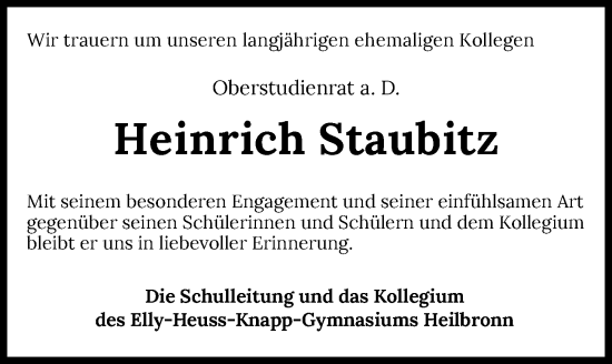 Traueranzeige von Heinrich Staubitz von GESAMT