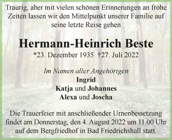Traueranzeige von Hermann-Heinrich Beste von GESAMT