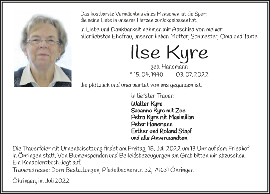 Traueranzeige von Ilse Kyre von GESAMT