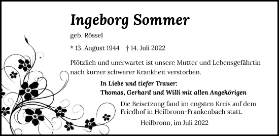 Traueranzeige von Ingeborg Sommer von GESAMT