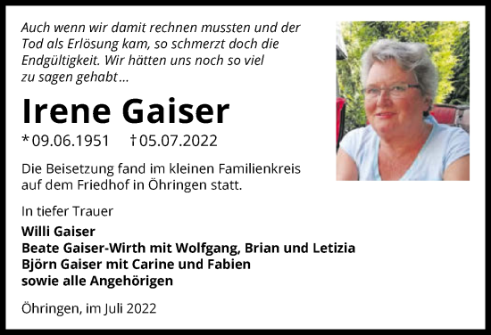 Traueranzeige von Irene Gaiser von GESAMT