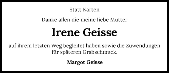 Traueranzeige von Irene Geisse von GESAMT