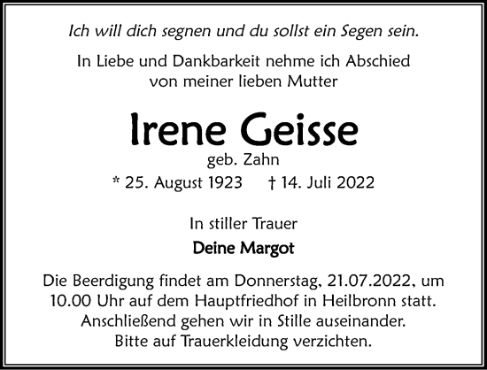 Traueranzeige von Irene Geisse von GESAMT