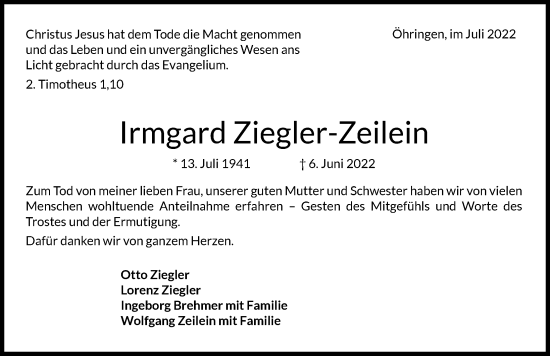 Traueranzeige von Irmgard Ziegler-Zeilein von GESAMT