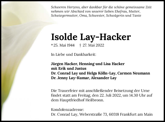 Traueranzeige von Isolde Lay-Hacker von GESAMT