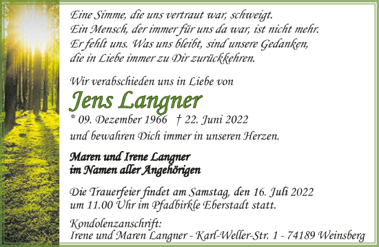 Traueranzeige von Jens Langner von GESAMT