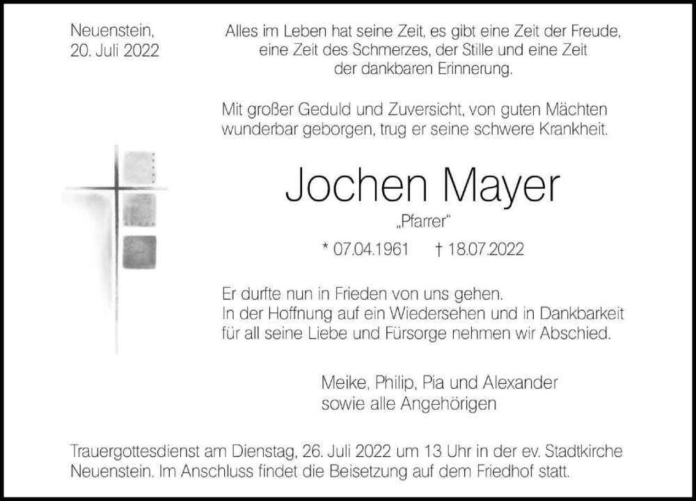  Traueranzeige für Jochen Mayer vom 20.07.2022 aus GESAMT