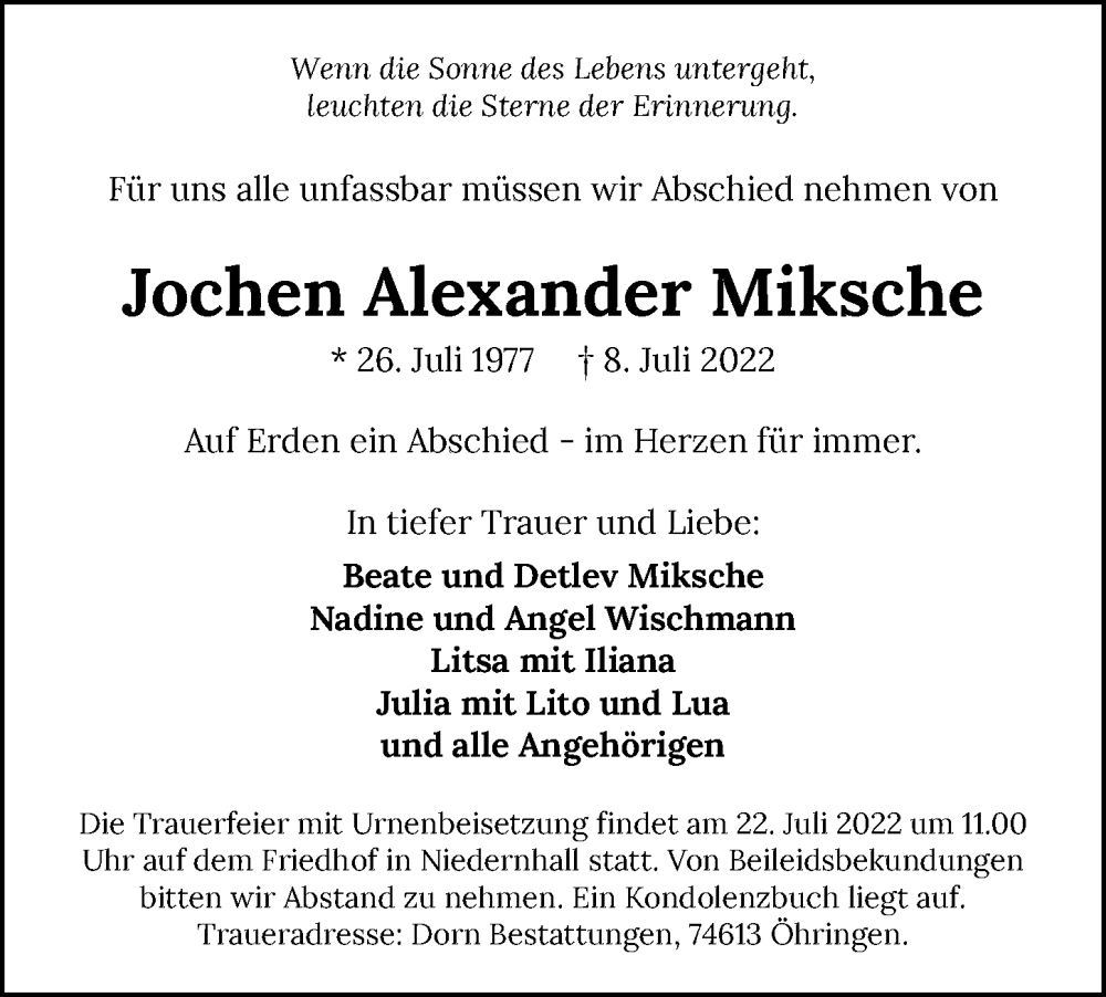  Traueranzeige für Jochen Alexander Miksche vom 20.07.2022 aus GESAMT