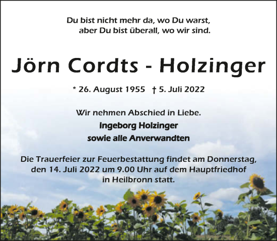 Traueranzeige von Jörn Cordts-Holzinger von GESAMT