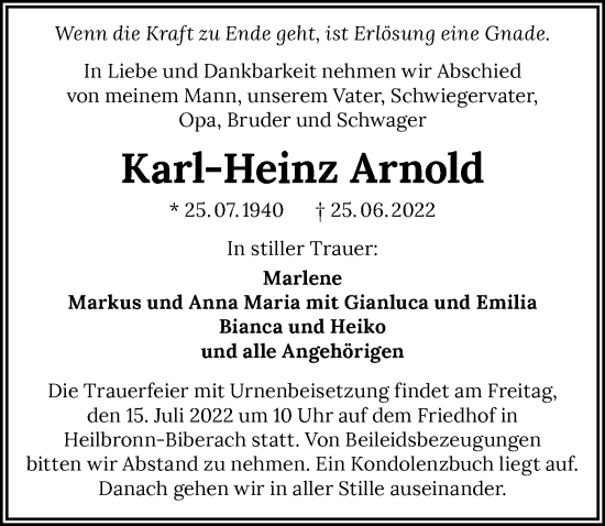 Traueranzeige von Karl-Heinz Arnold von GESAMT