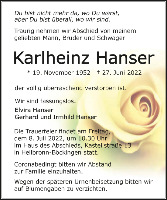 Traueranzeige von Karlheinz Hanser von GESAMT