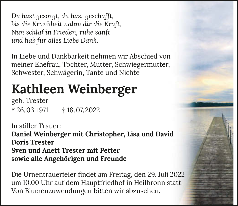  Traueranzeige für Kathleen Weinberger vom 23.07.2022 aus GESAMT