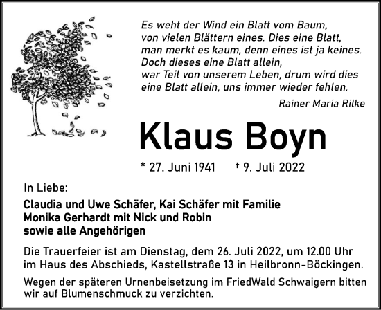 Traueranzeige von Klaus Boyn von GESAMT