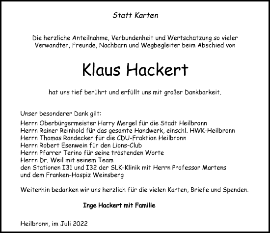 Traueranzeige von Klaus Hackert von GESAMT