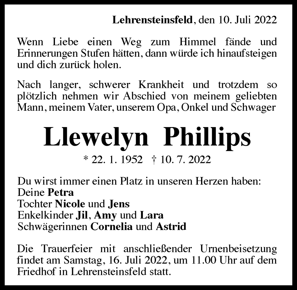  Traueranzeige für Llewelyn Phillips vom 14.07.2022 aus GESAMT