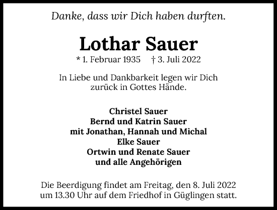 Traueranzeige von Lothar Sauer von GESAMT