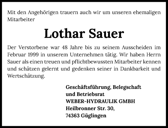 Traueranzeige von Lothar Sauer von GESAMT