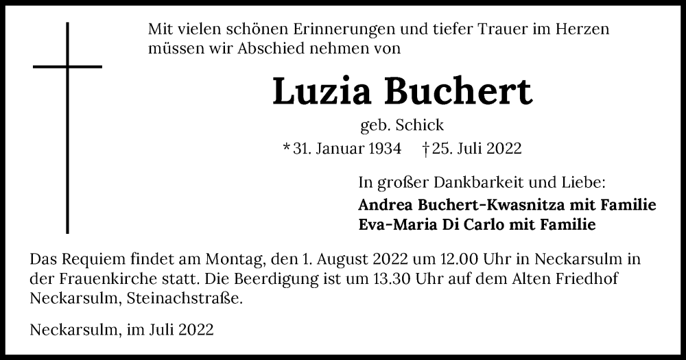  Traueranzeige für Luzia Buchert vom 29.07.2022 aus GESAMT
