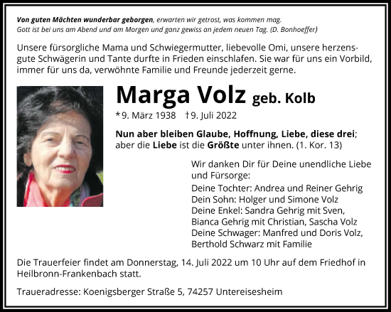 Traueranzeige von Marga Volz von GESAMT