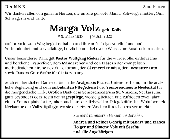 Traueranzeige von Marga Volz von GESAMT