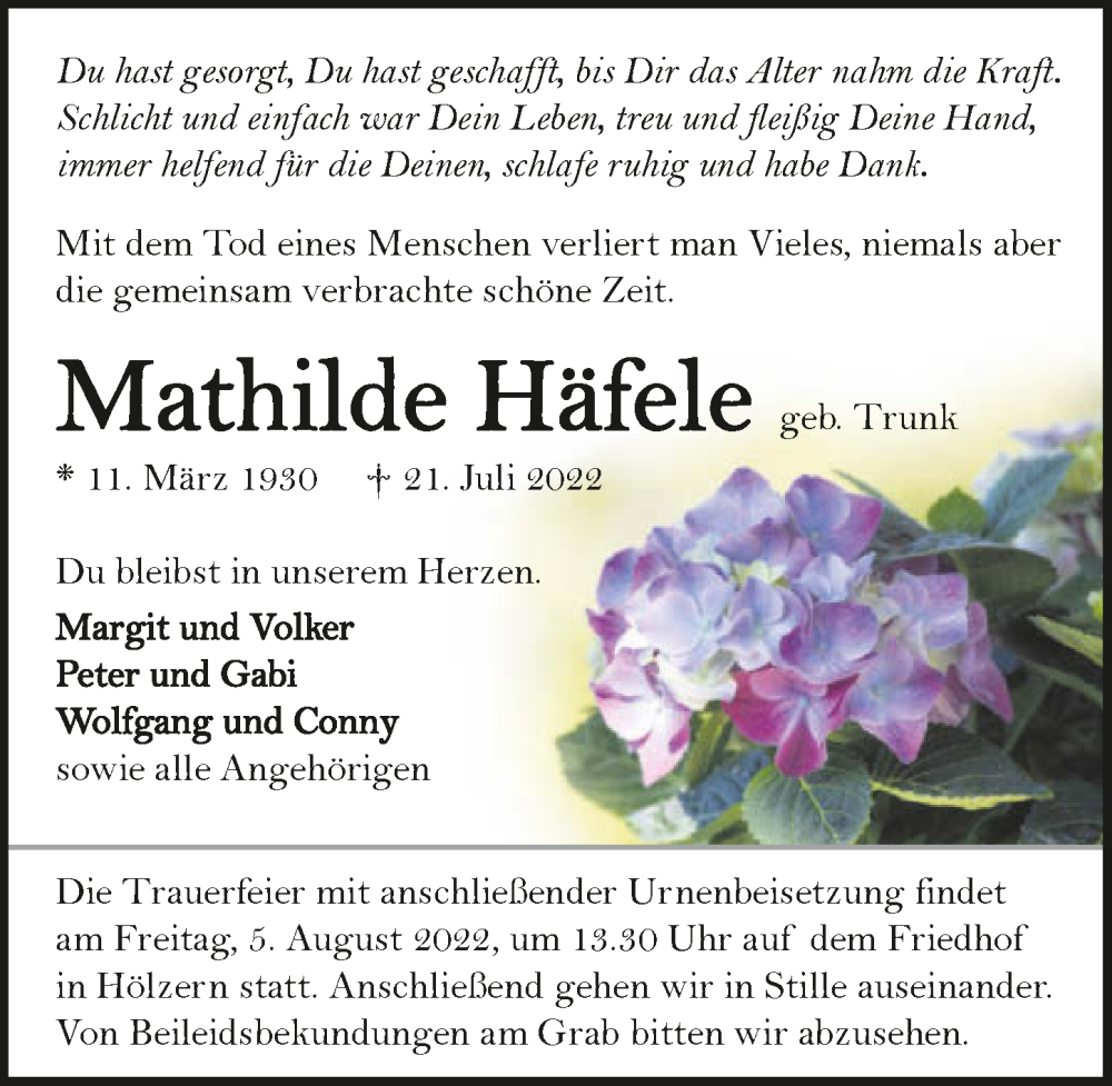  Traueranzeige für Mathilde Häfele vom 30.07.2022 aus GESAMT