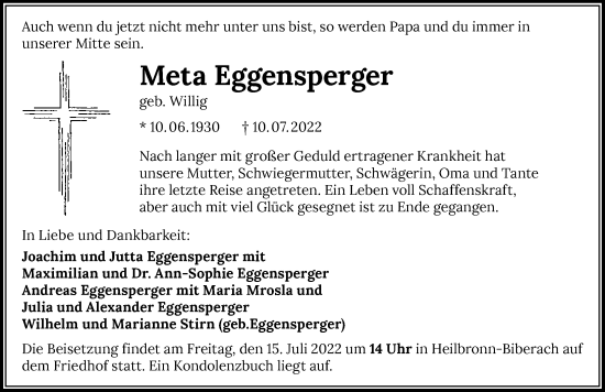 Traueranzeige von Meta Eggensperger von GESAMT