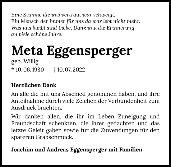 Traueranzeige von Meta Eggensperger von GESAMT