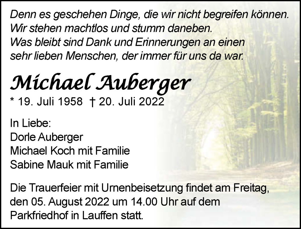  Traueranzeige für Michael Auberger vom 30.07.2022 aus GESAMT