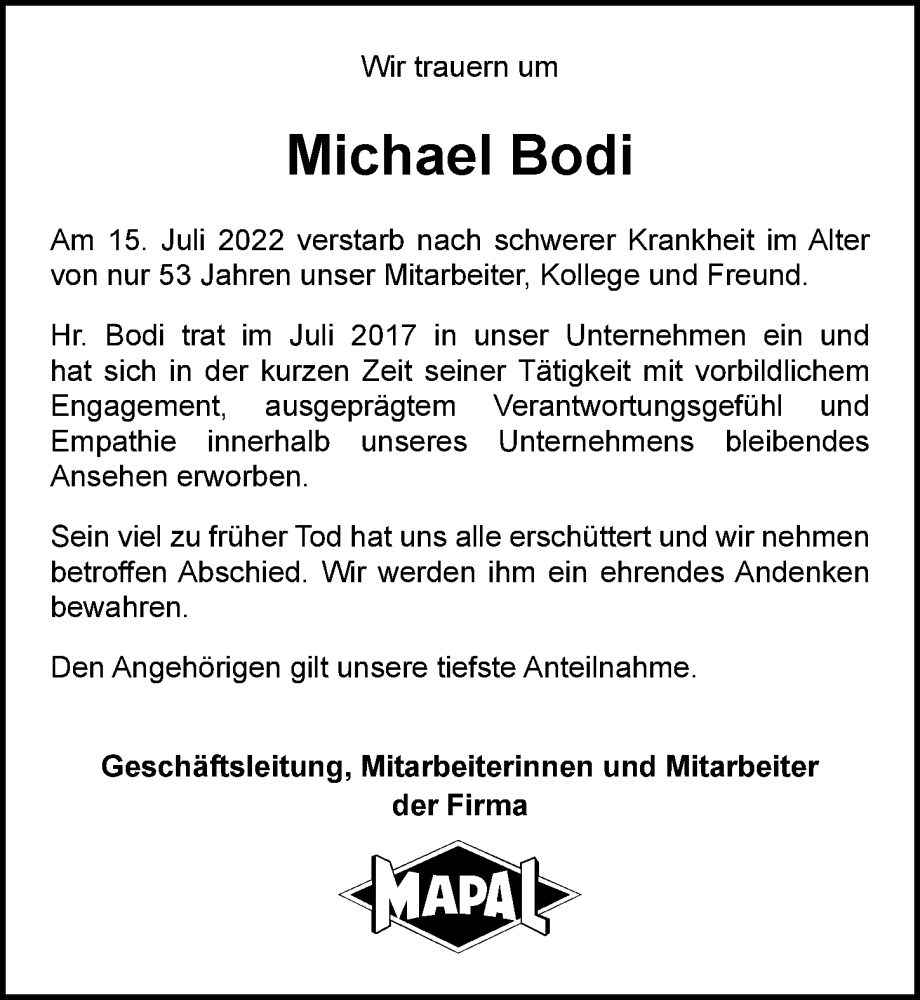  Traueranzeige für Michael Bodi vom 20.07.2022 aus GESAMT