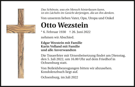 Traueranzeige von Otto Wezstein von GESAMT