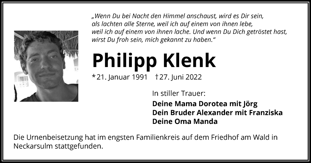  Traueranzeige für Philipp Klenk vom 16.07.2022 aus GESAMT