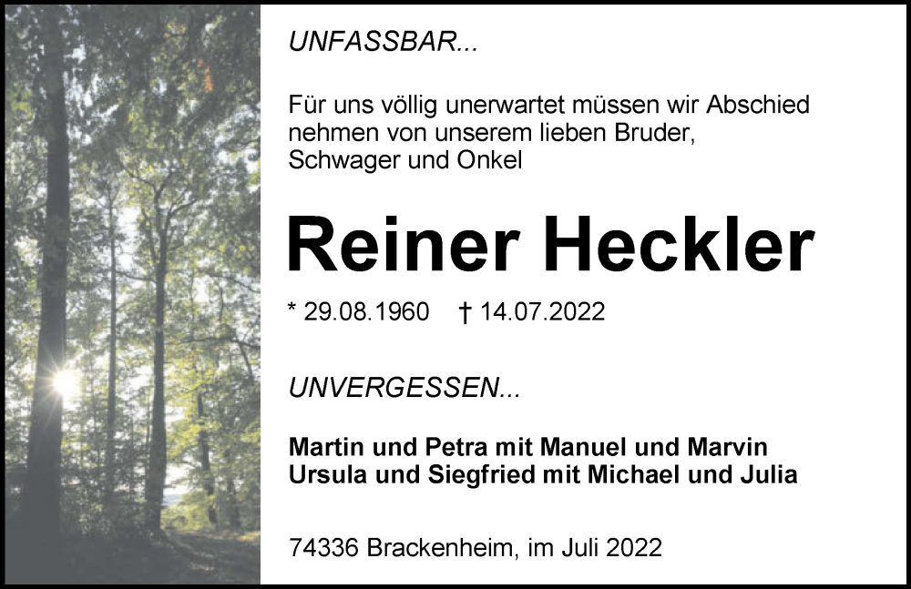  Traueranzeige für Reiner Heckler vom 19.07.2022 aus GESAMT