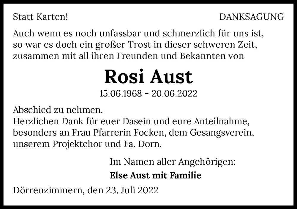  Traueranzeige für Rosi Aust vom 23.07.2022 aus GESAMT