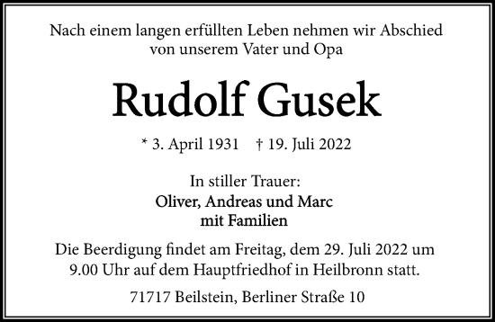 Traueranzeige von Rudolf Gusek von GESAMT