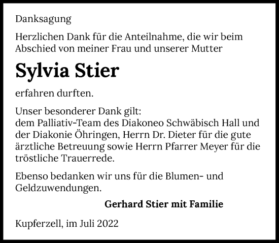 Traueranzeige von Sylvia Stier von GESAMT