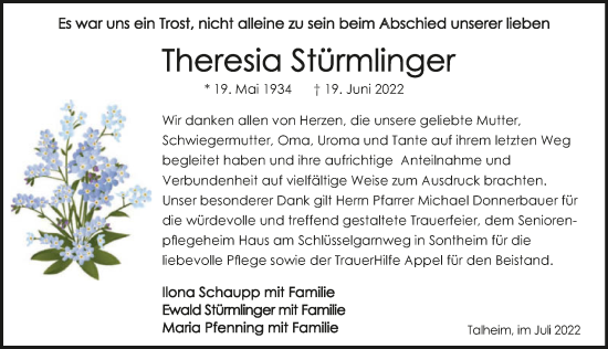 Traueranzeige von Theresia Stürmlinger von GESAMT