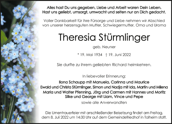 Traueranzeige von Theresia Stürmlinger von GESAMT